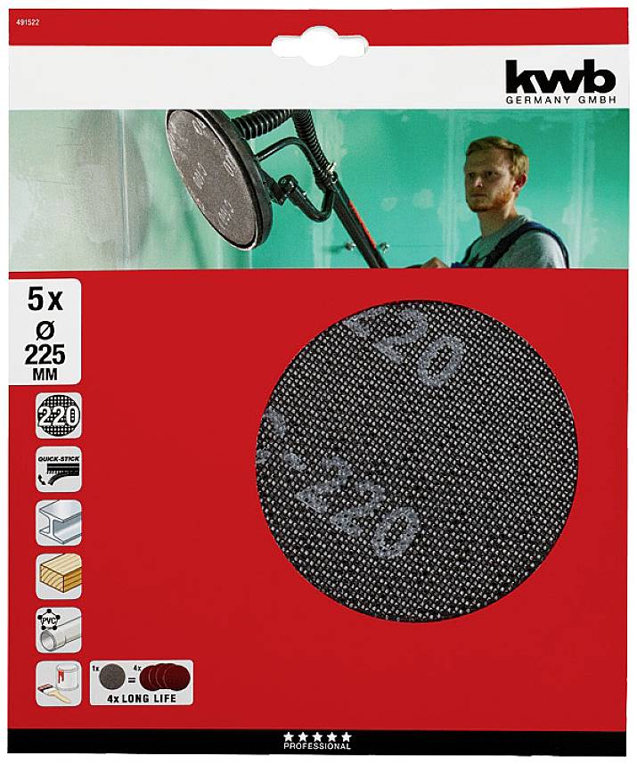 Verpackung eines Schleifpapiers der Marke 'kwb Germany GmbH', 5 Stück Ø 225 mm, für Trockenbau. Enthält Symbole und Info für Langlebigkeit.