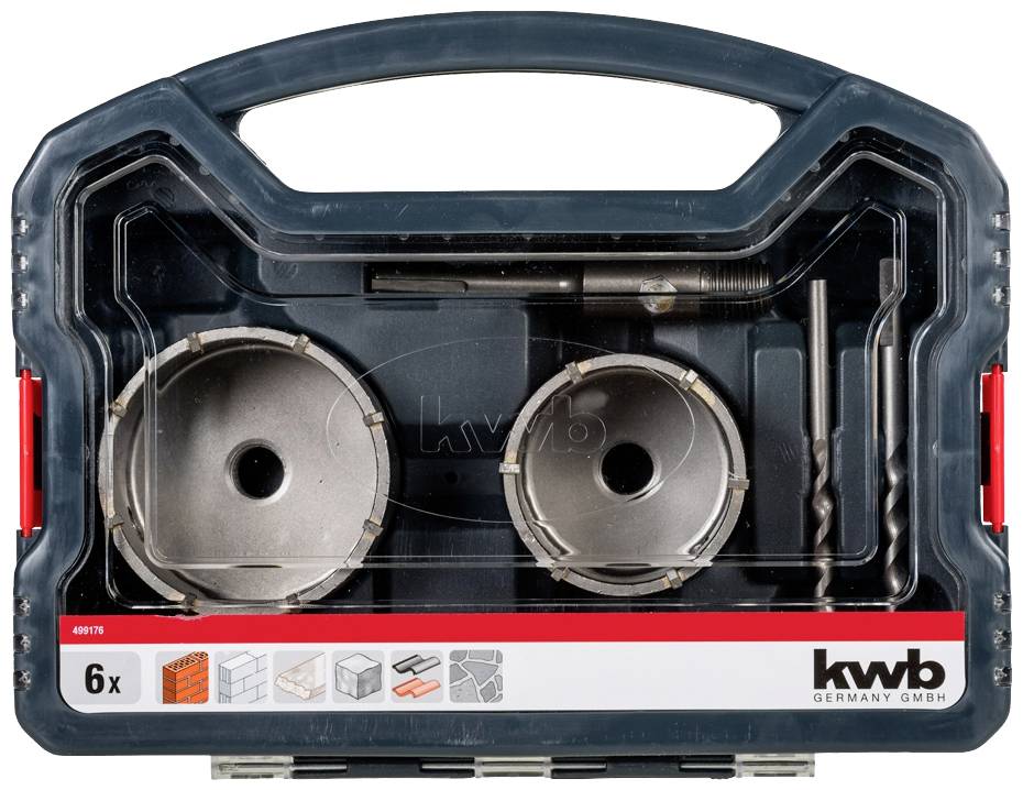 'Satz von Metallbohrköpfen mit zwei Kreissägeaufsätzen und Bohrer, in Hartplastikverpackung. Geeignet für Beton, Ziegel, Kacheln.'