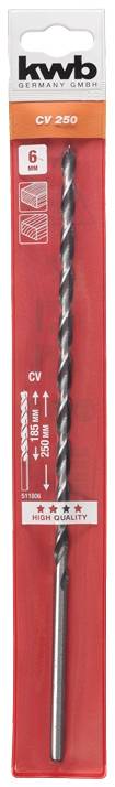 'Kwb CV 250 Bohrer' in einer roten Verpackung, geeignet für Holz- und Metallarbeiten, Abbildung zeigt Bohrer und Produktdetails.
