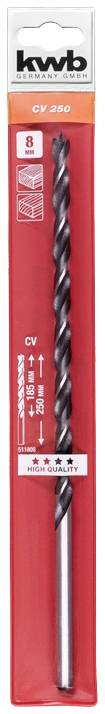 Ein Bohrer der Marke kwb, Modell CV 250, verpackt in einer roten Verpackung. Geeignet zum Bohren in Metall. Stärke: 6 mm.