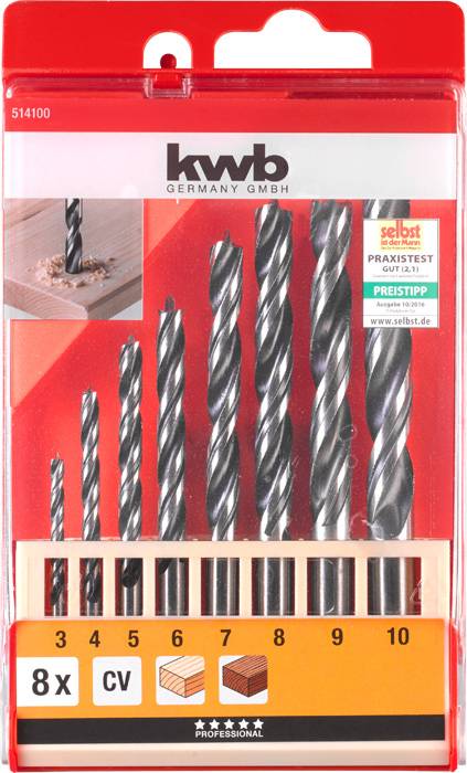 Verpackung von kwb Metallbohrern, 8 Stück, Größen 3 bis 10 mm. Etikett weist auf Testsieger- und Preisempfehlung hin.