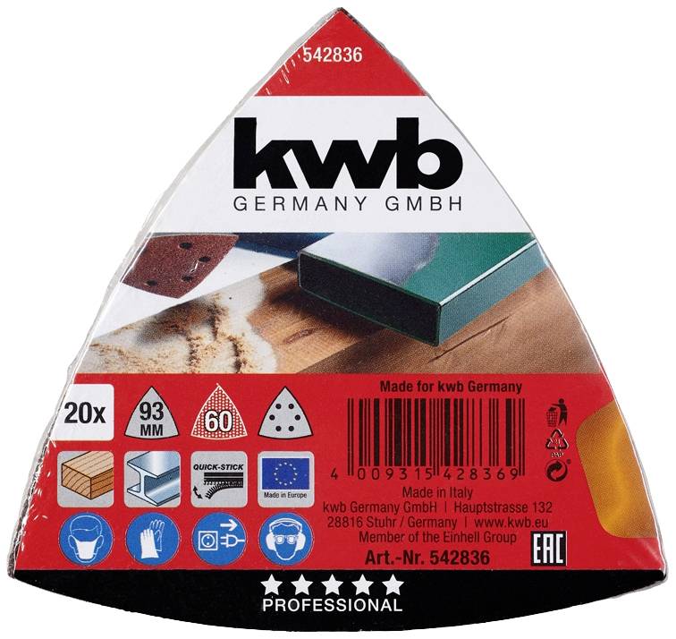 'Dreieckschleifpapier' Verpackung, 20 Stück, 93 mm. Made in Italy. Abgebildet: Schleifpapier, Holz. Marke: kwb Germany GmbH.