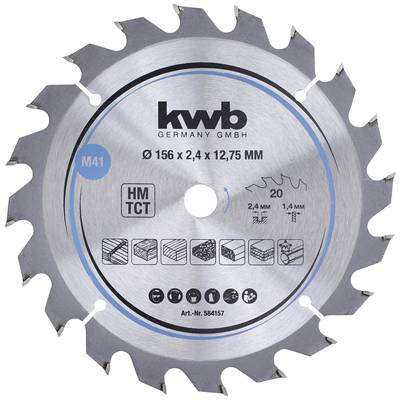Kreissägeblatt der Marke KWB mit Beschriftung '156 x 2,4 x 12,75 MM'. Geeignet für Holz und Metalle, HM TCT Material.