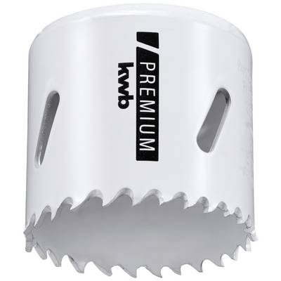 'Weißer KWB Premium Lochsägeaufsatz aus Metall mit gezacktem Rand und seitlichen Belüftungsschlitzen.'