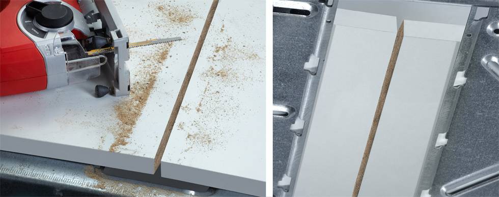 Eine Nahaufnahme zeigt links eine elektrische Säge, die durch ein Holzbrett schneidet, Staub entsteht. Rechts das geschnittene Brett.