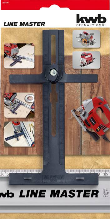 Lineal- und Führungshilfswerkzeug mit Metallschiene. Fotos zeigen Anwendung mit Kreissäge, Stichsäge und Fräse. Marke: KWB.