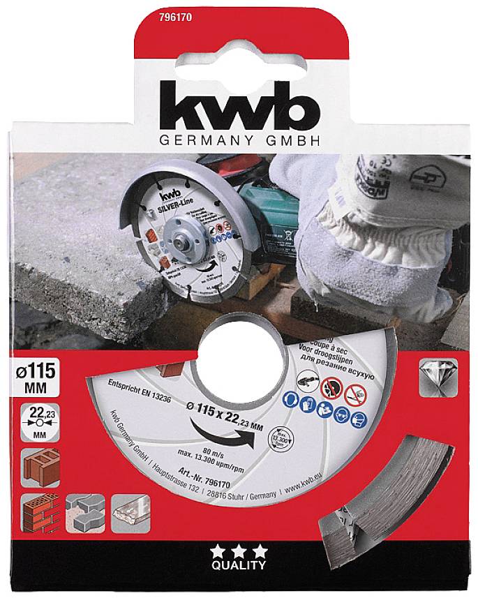 Eine Trennscheibe 'KWB Germany GmbH' in einer Verpackung. Geeignet für Stein und Beton, Durchmesser 115 mm, Dicke 2,23 mm.