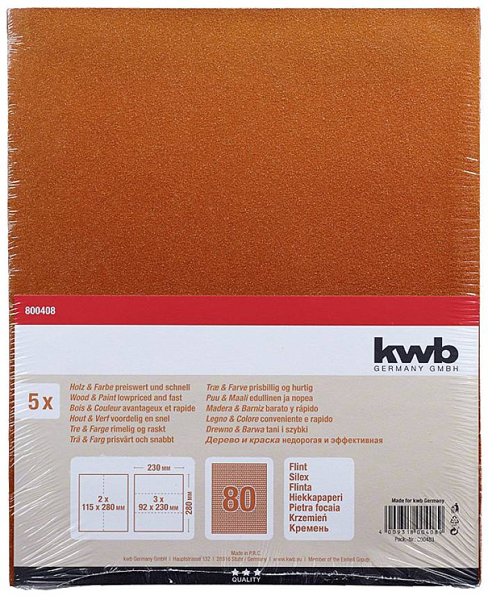 Oranges Schleifpapier, 5er Pack, Körnung 80, eignet sich für Holz- und Farboberflächen, enthält Maße und Produktinformationen.