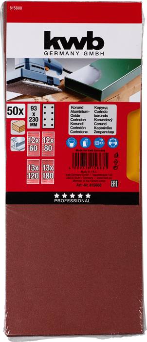 'Schleifpapier-Set, 50 Stück, K60 bis K120, Größe 93x230 mm, abgebildet in roter Verpackung von kwb Germany GmbH, geeignet für Schleifmaschinen.'