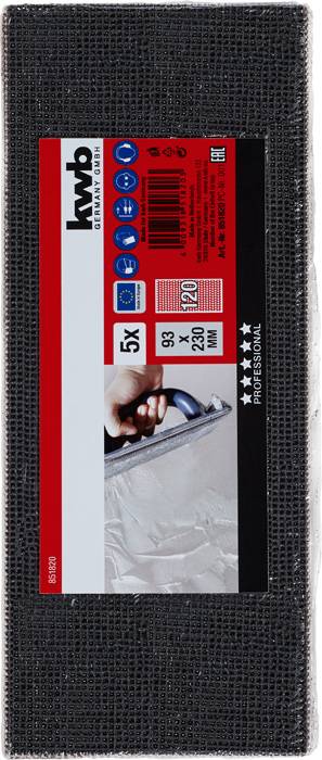 'Knauf' Schleifgitterpackung enthält 5 Stück, Größe 93 x 280 mm, Korn 120. Verpackung mit Bild eines Handwerkers beim Schleifen.
