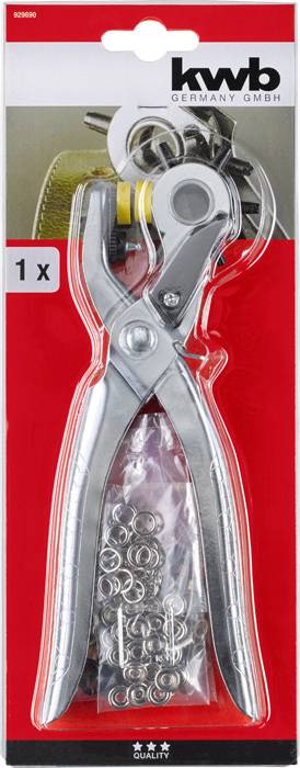 Metallösezange von KWB mit Ösen, in Verpackung. Geeignet zum Einsetzen von Ösen in Textilien oder Leder.