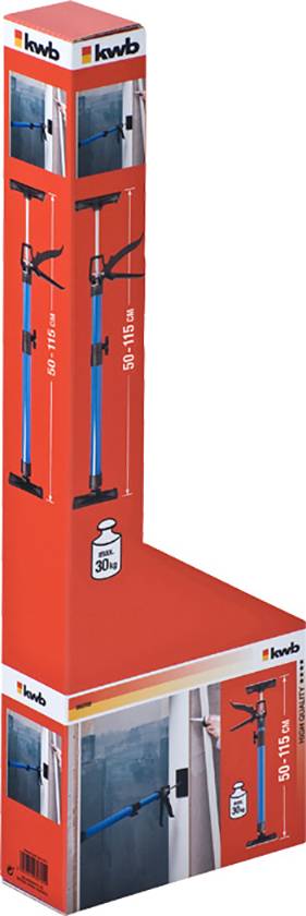 Verpackung eines Teleskop-Montagestabes von 50-115 cm Länge. Abbildung zeigt Stab in Gebrauch an einer Fenstertür. Ideal für Bauarbeiten.