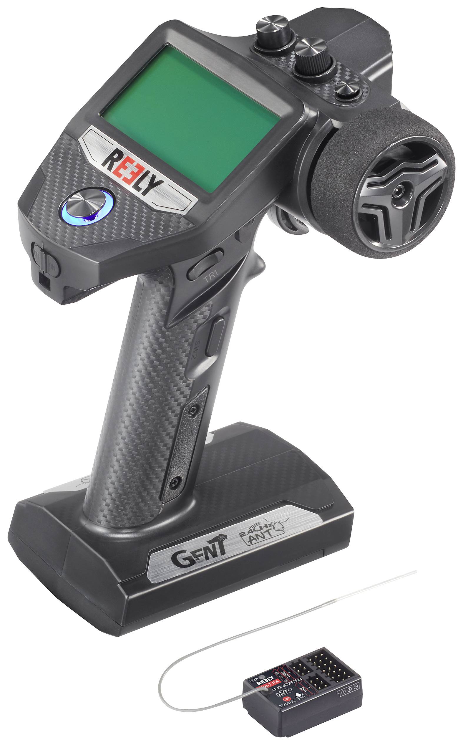 Fernsteuerung mit Bildschirm und Steuerrad, geeignet für ferngesteuerte Autos. Enthält auch einen Empfänger mit Antenne.