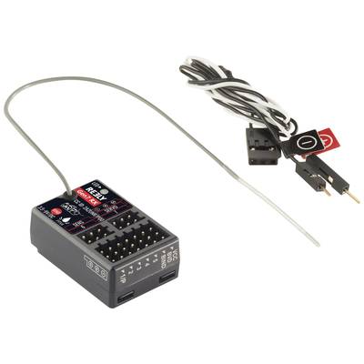 Ein RC-Empfänger mit angeschlossener Antenne und zwei Kabeln mit Steckverbindern, geeignet für Modellbau-Anwendungen.
