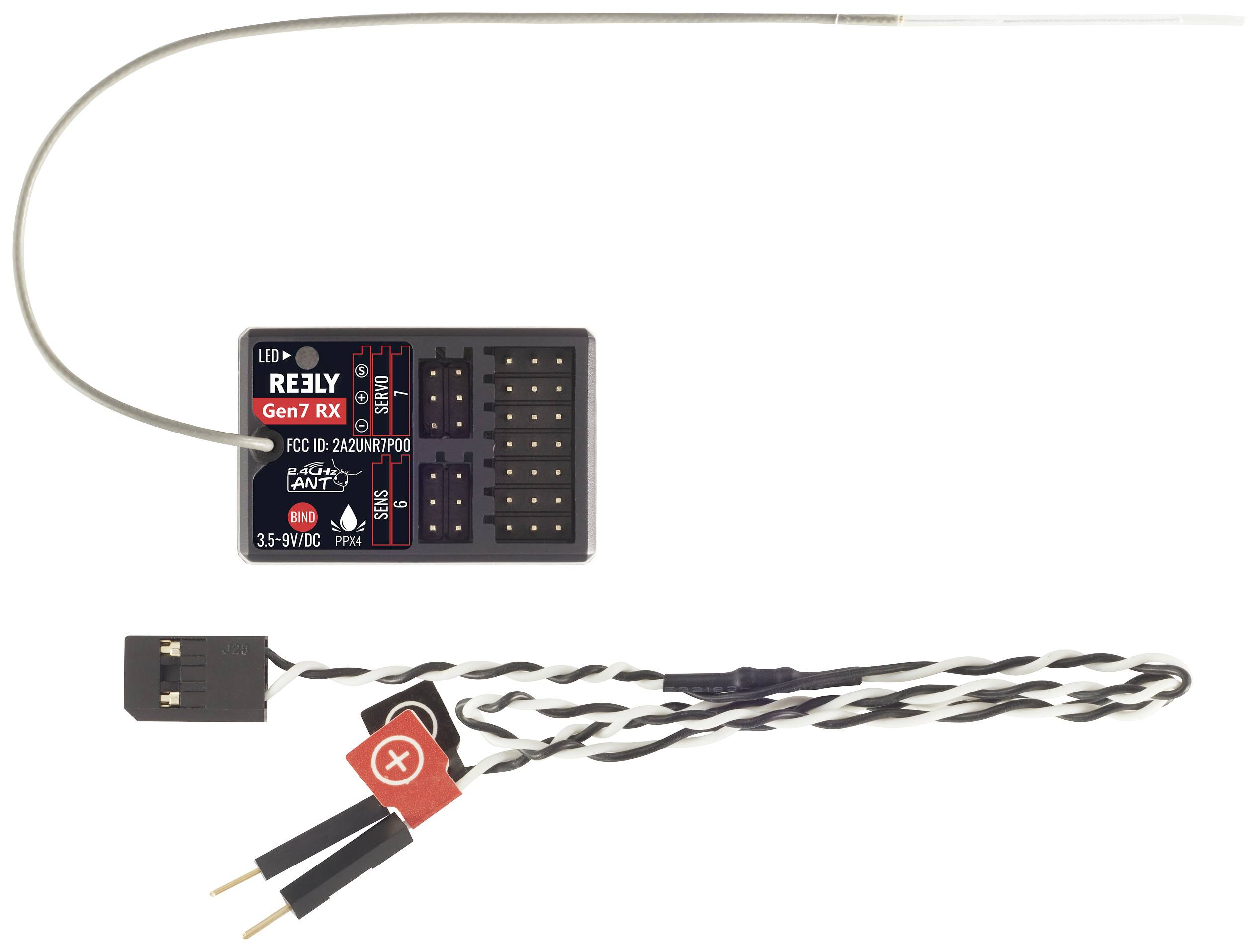 'RELY Gen7 RX' Empfänger zeigt diverse Anschlüsse und gekennzeichnete Kabel. Geeignet für Modelle mit 3,5-9V Gleichstrombedarf.
