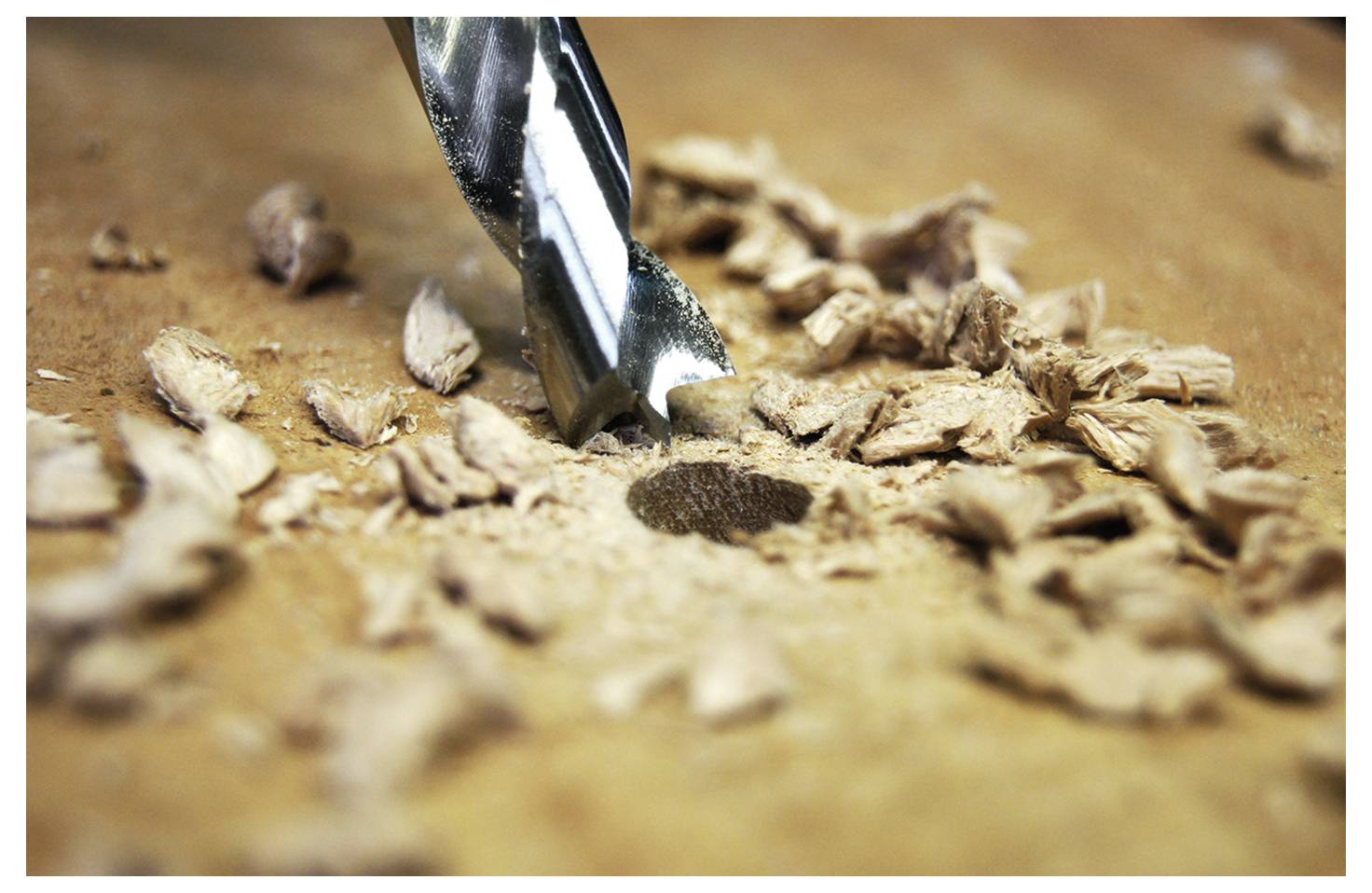 Nahaufnahme eines Bohrers, der in eine Holzoberfläche eindringt, mit gekrümmten Holzspänen, die um das Loch verstreut sind.