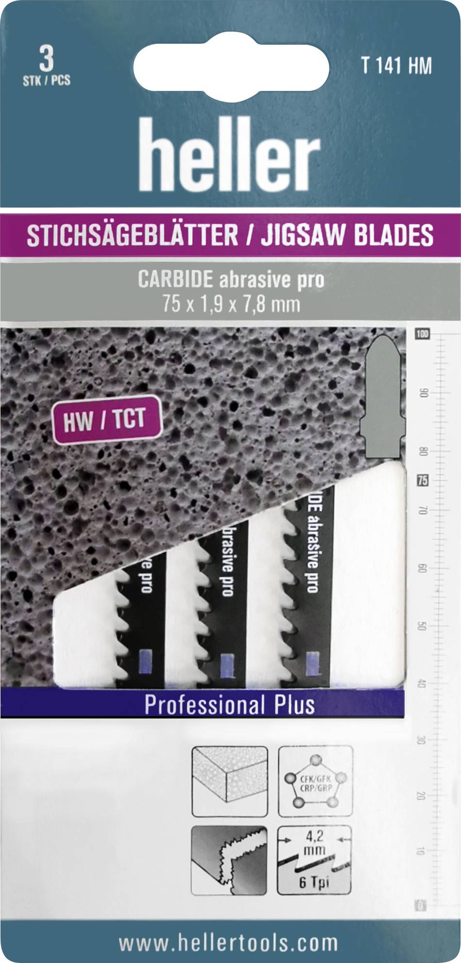 Heller 31058 Stichsägeblat CARBIDE 3x 1,9 x 7,8 6 Tpi (4,2 mm) 3 St.