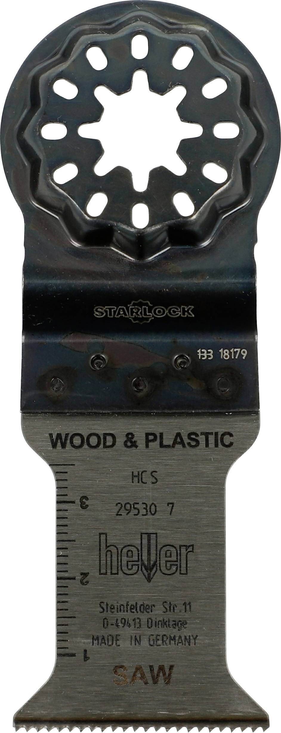 Nahaufnahme eines Starlock-Oszillationssägeblatts mit der Bezeichnung "HOLZ & KUNSTSTOFF" und "SÄGE", mit Heller-Branding und Größenmarkierungen.