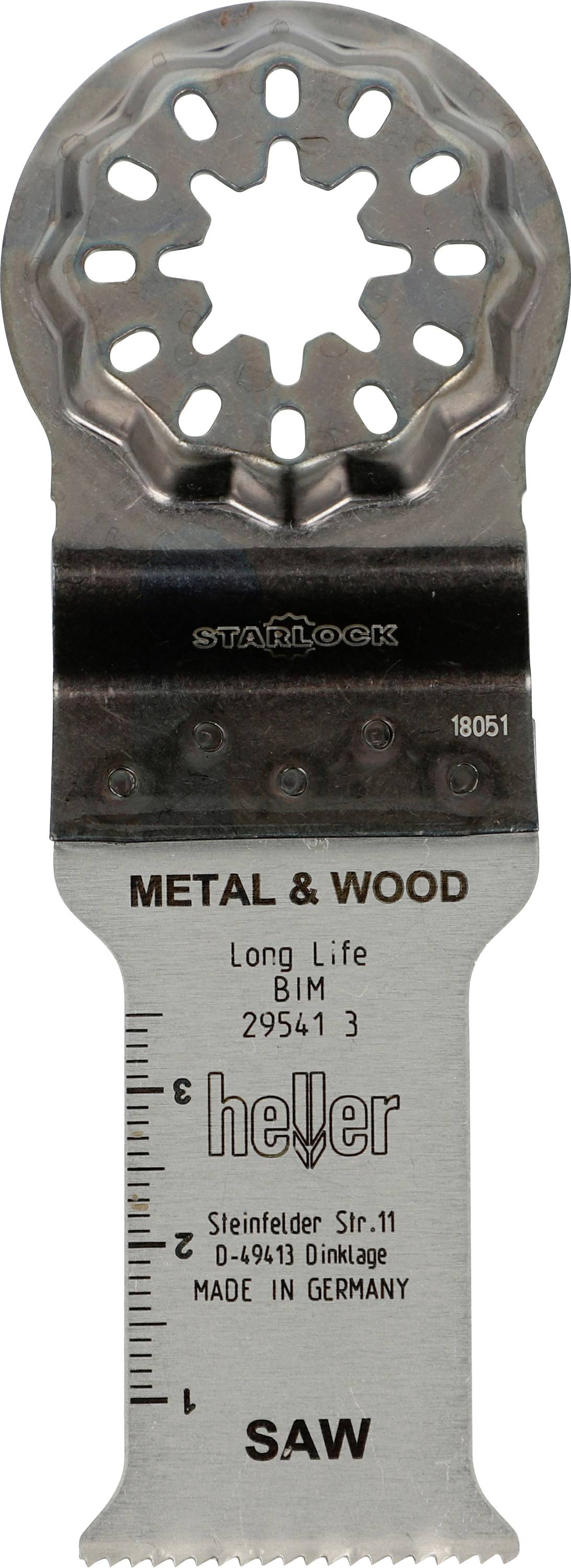 Metall- und Holz-Oszillierend-Sägeblatt mit sternförmigem Lochmuster, beschriftet mit „METAL & WOOD" und „SAW", zum Schneiden von Metall und Holz.
