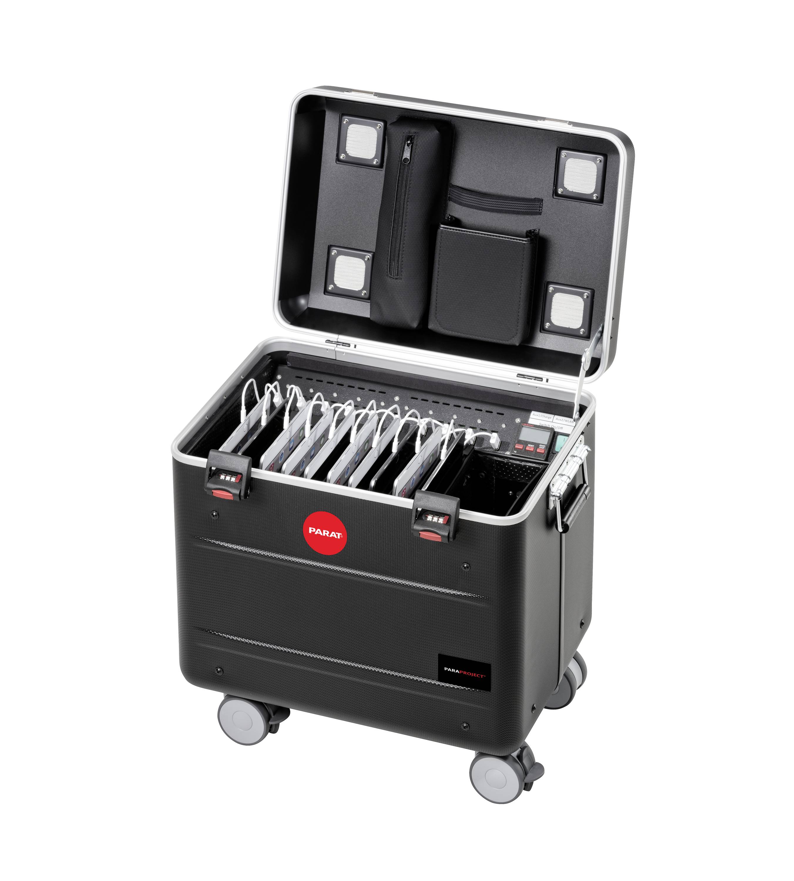 Ein schwarzer Rollkoffer mit geöffnetem Deckel zeigt geordnete Tablets im Inneren. Das Logo 'PARAT' ist auf der Vorderseite sichtbar.