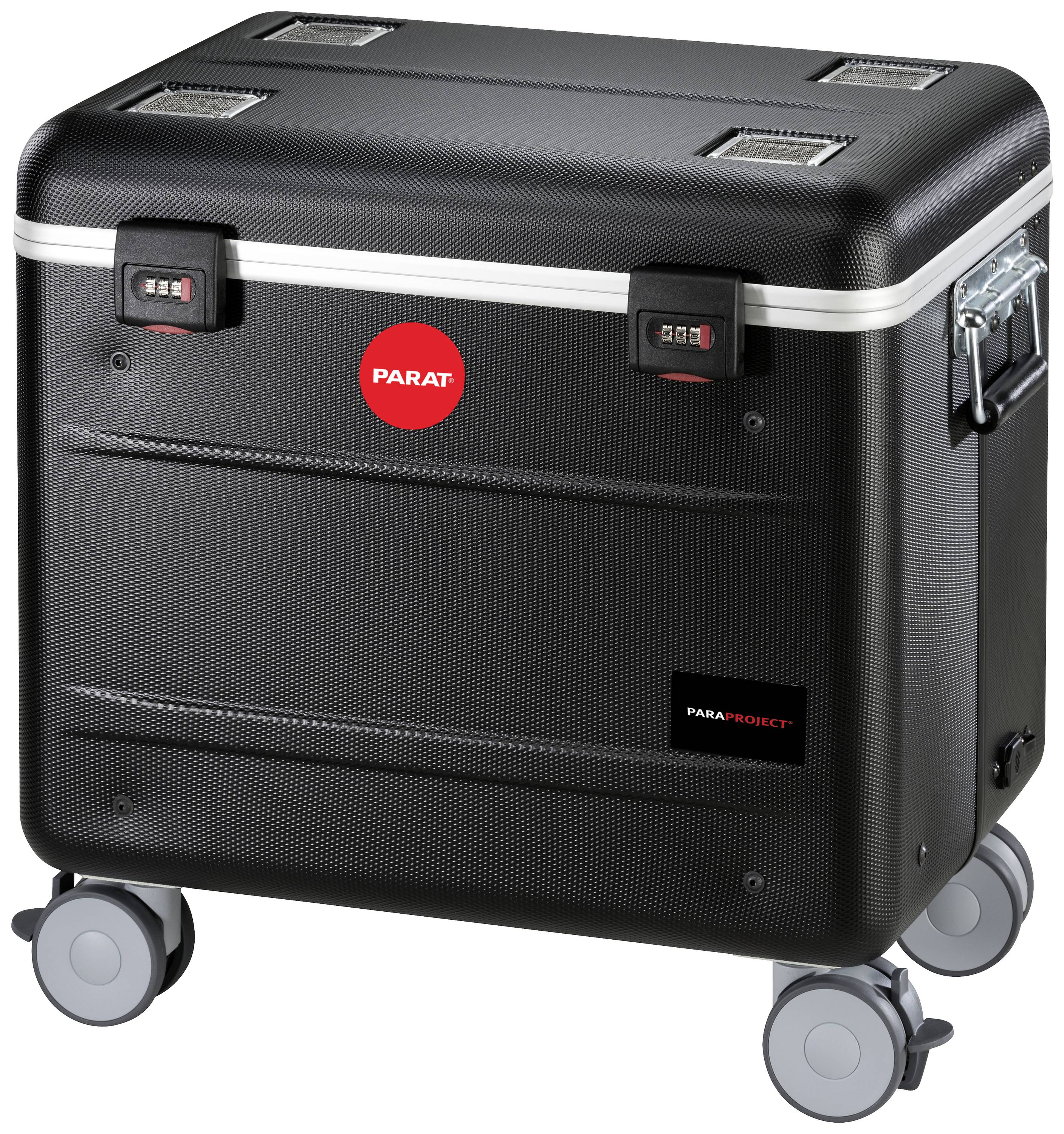 Schwarzer Koffer auf Rädern mit rotem 'PARAT' Logo, silbernem Verschluss und Zahlenschlössern.