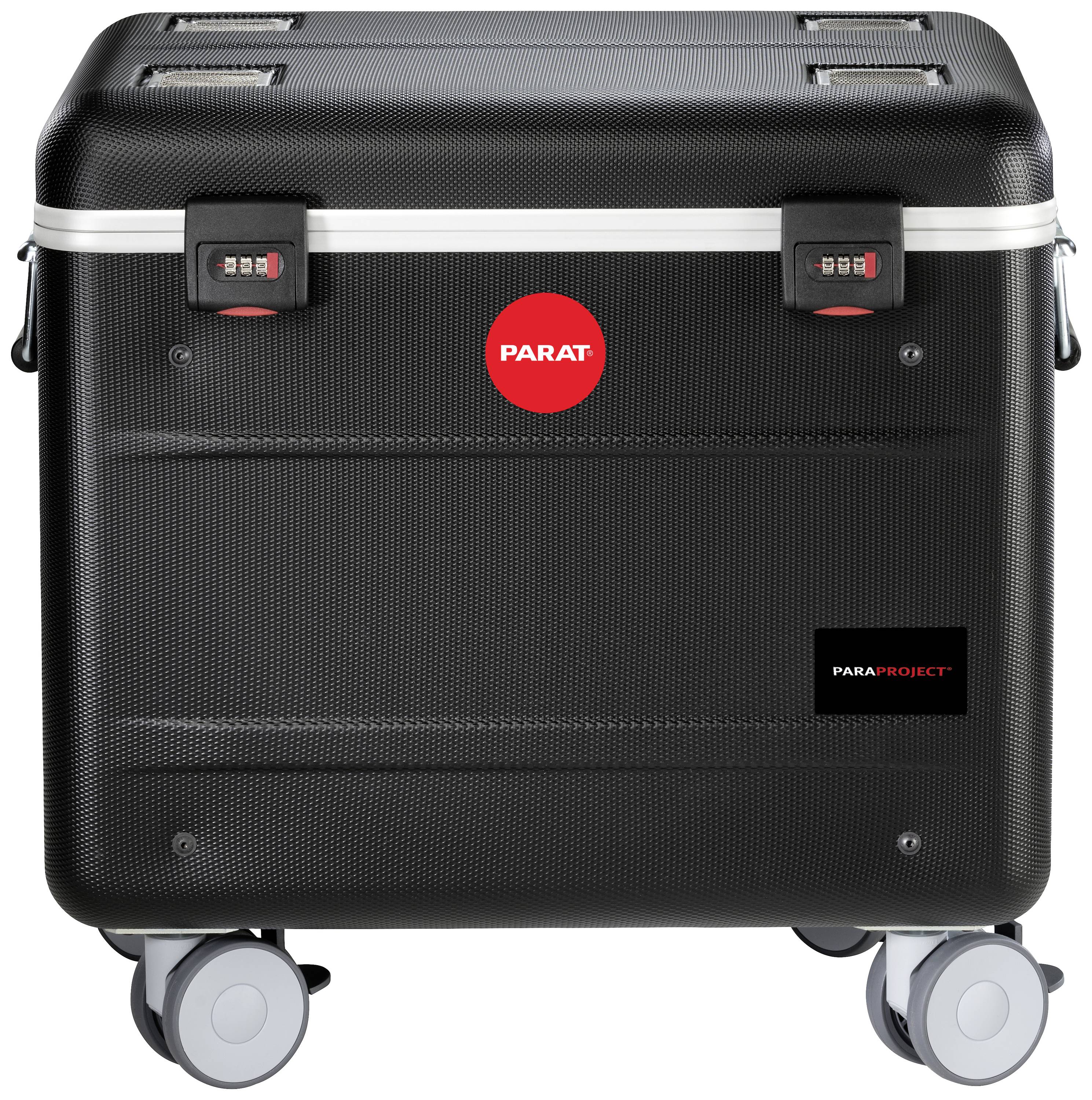Ein schwarzer Rollkoffer mit Rädern und zwei Zahlenschlössern auf der Vorderseite. Markiert mit 'PARAT' in einem roten Kreis.
