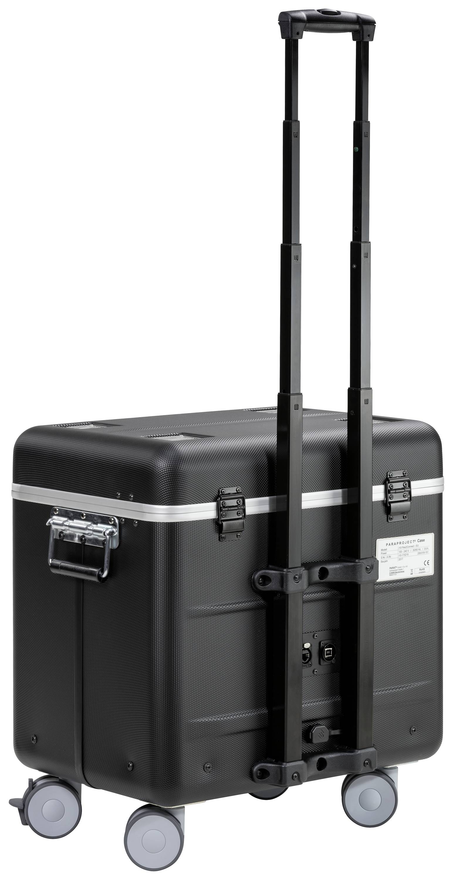 Schwarzer Rollkoffer mit Griff und vier Rädern, seitlich abgebildet. Er hat Metallverschlüsse und einen Adressaufkleber.