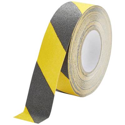 Rolle Klebeband mit gelben und schwarzen diagonalen Streifen, besonders geeignet zur Markierung von Gefahrenbereichen oder Absperrungen.