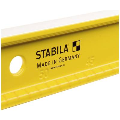 Ein gelbes Lineal mit der Aufschrift 'STABILA Made in Germany' ist abgebildet. Es hat eine Skala und eine Lochöffnung.