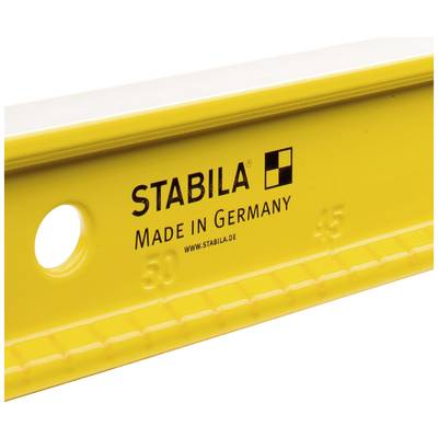 Ein Teil einer gelben Wasserwaage von Stabila mit Aufschrift 'Made in Germany'.
