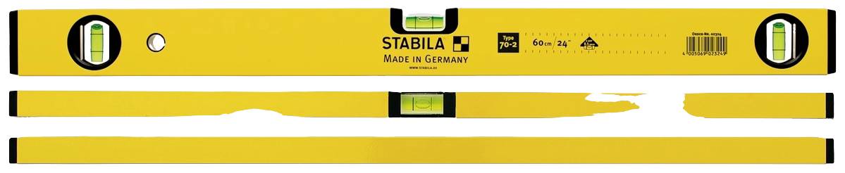 'Gelbe Wasserwaage der Marke Stabila, "Made in Germany", mit drei Libellen zur horizontalen und vertikalen Ausrichtung.'