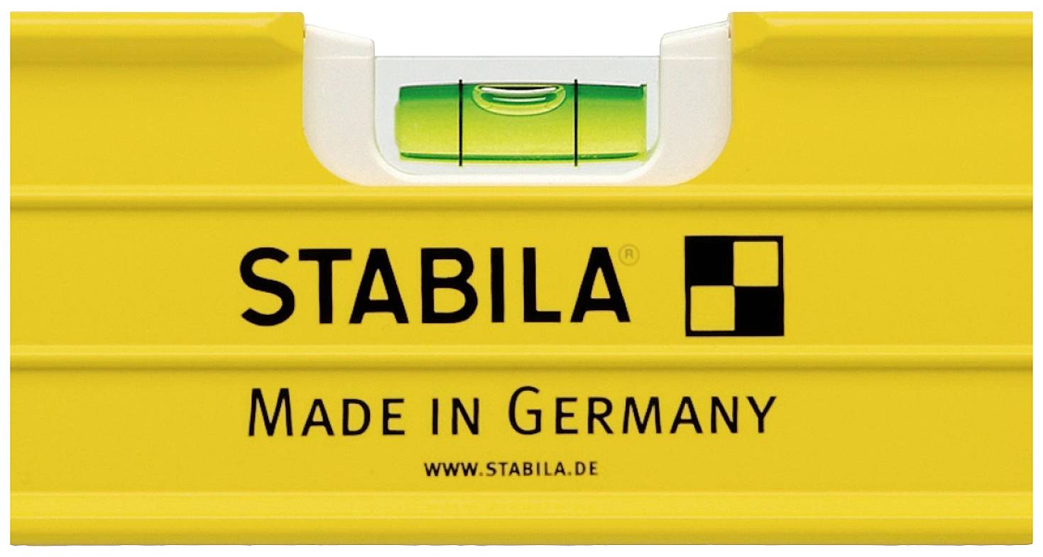 Eine gelbe Wasserwaage der Marke Stabila mit der Aufschrift 'Made in Germany'.