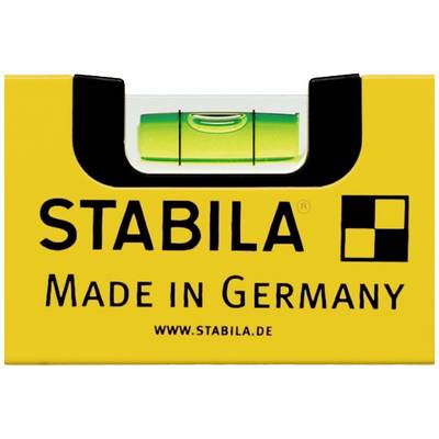 Gelbe Wasserwaage mit schwarzem Text 'STABILA Made in Germany'. Enthält eine horizontale Libelle in der Mitte.