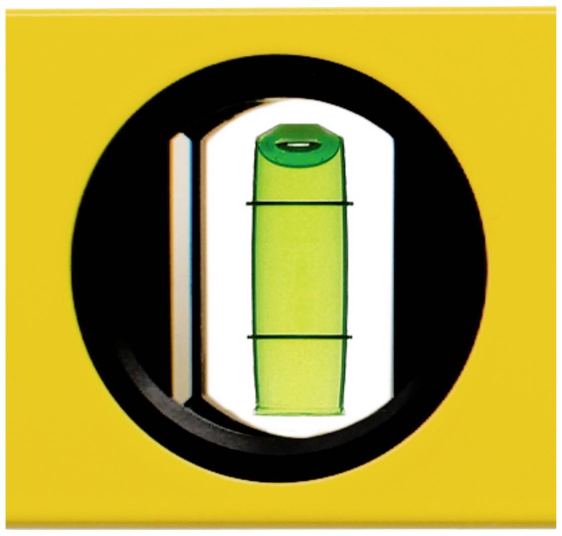 Eine grüne Libelle in einer Wasserwaage zeigt perfekte horizontale Ausrichtung an, umgeben von gelbem Kunststoffgehäuse.