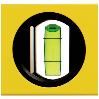 Eine grüne Libelle in einer Wasserwaage zeigt perfekte horizontale Ausrichtung an, umgeben von gelbem Kunststoffgehäuse.