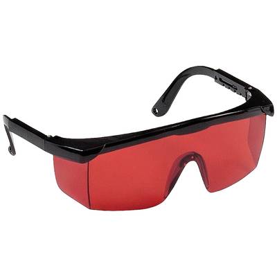 Schutzbrille mit schwarzen Rahmen und roten Gläsern zur Filterung von UV-Strahlen.
