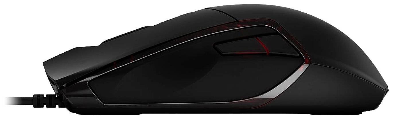 Schwarze, kabelgebundene Computermaus mit ergonomischem Design und zwei seitlichen Tasten.