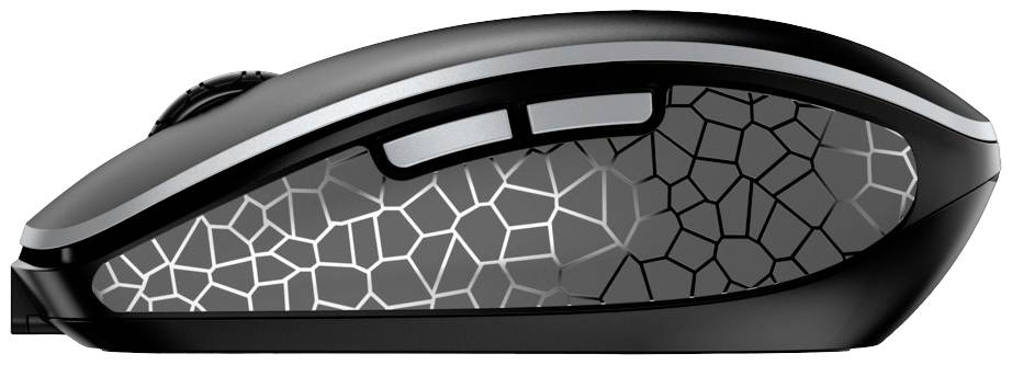 Drahtlose Computermaus mit schwarzem Gehäuse und geometrischer Musterung an der Seite, zwei sichtbare Seitentasten.