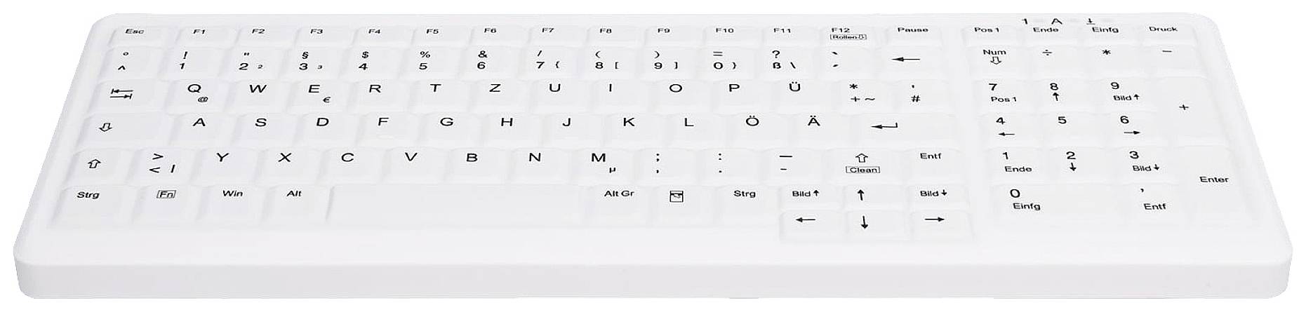 Weiße QWERTZ-Tastatur mit einem Standard-Layout und zusätzlichen Tasten für Sonderzeichen.
