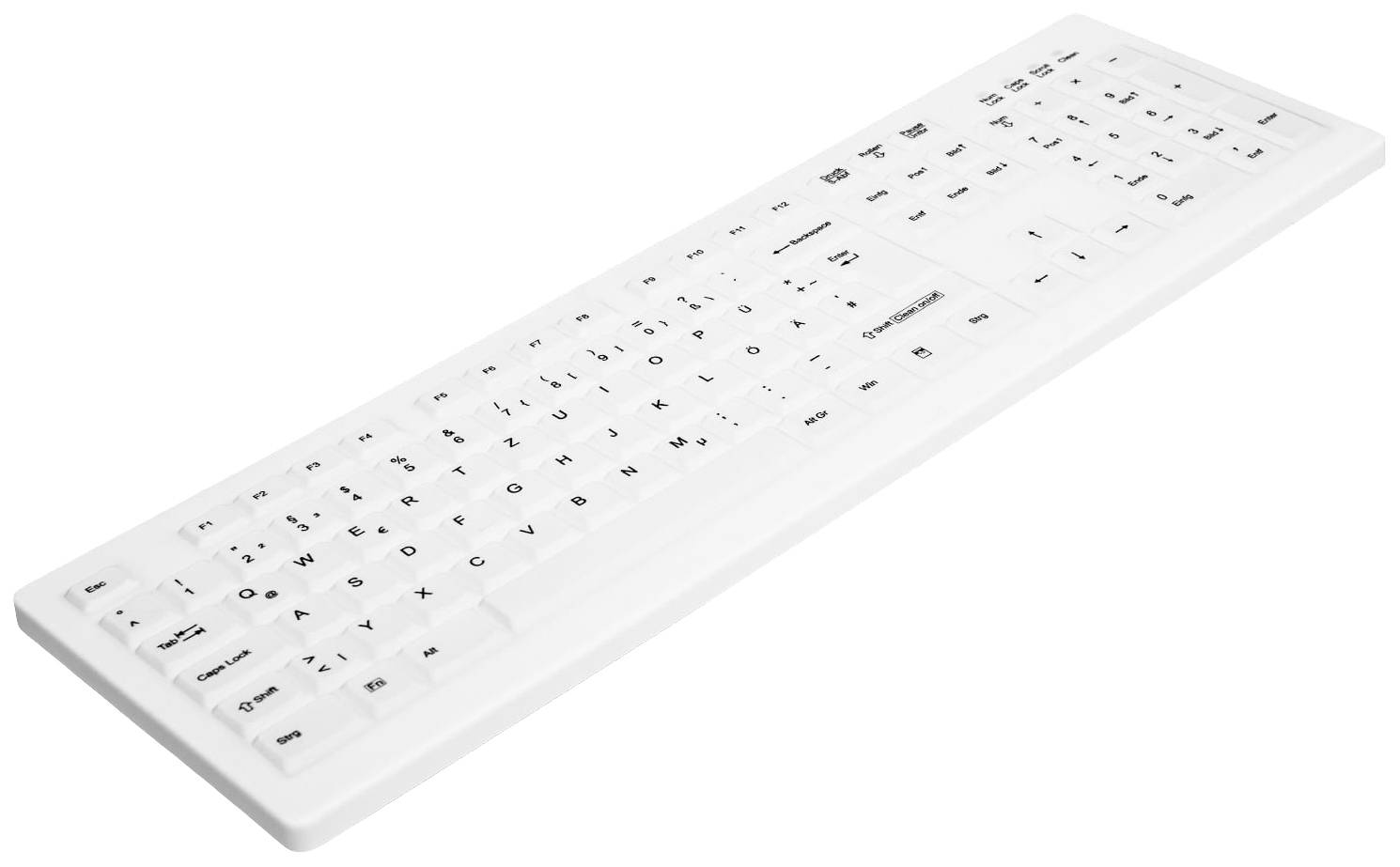 Weiße, flache Tastatur mit schwarzen Buchstaben und Symbolen auf den Tasten, die in deutscher QWERTZ-Anordnung gestaltet ist.