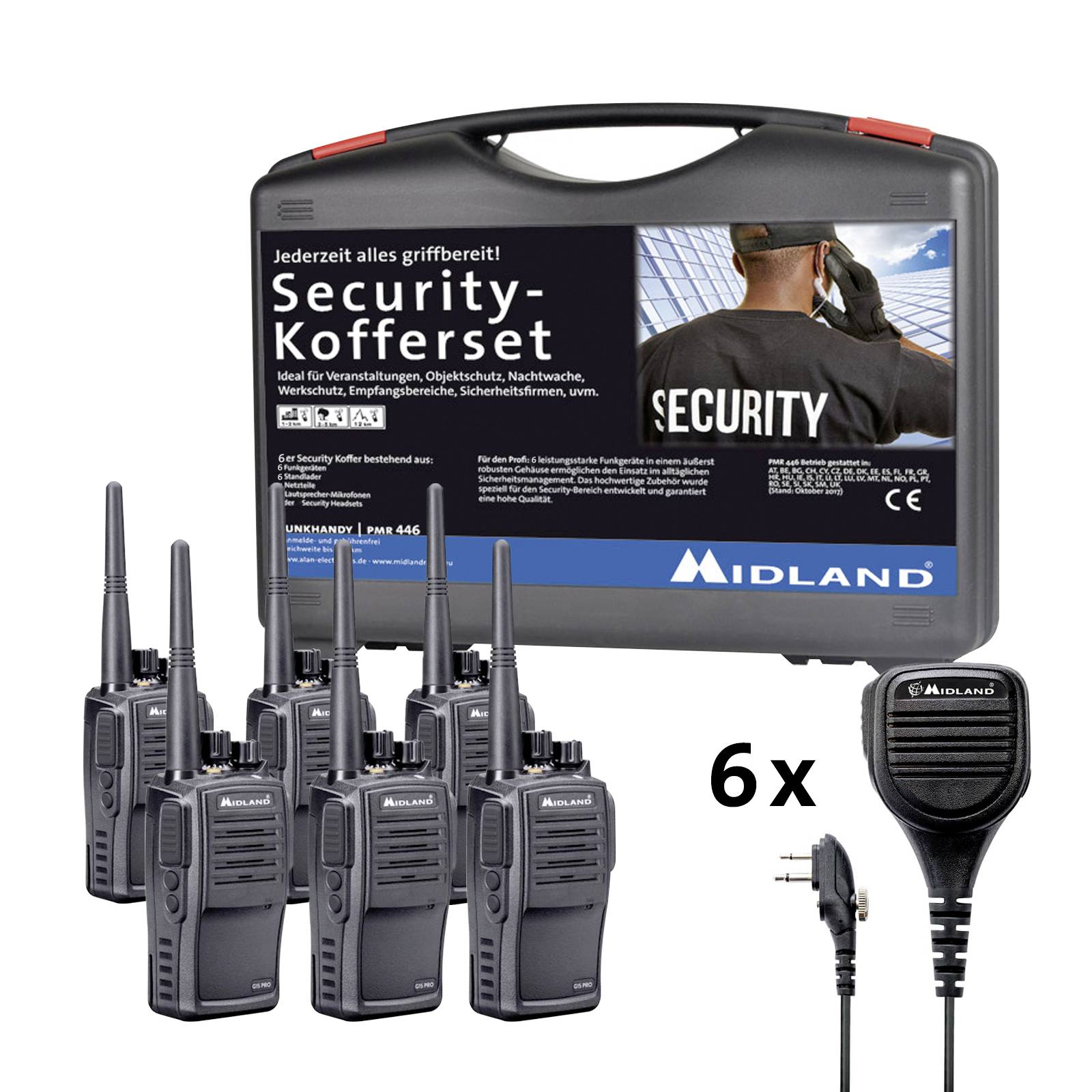 'Sicherheits-Walkie-Talkie-Set mit sechs Geräten und Zubehör, ideal für Veranstaltungen und Sicherheitsdienste. Tragbarer Koffer im Hintergrund.'