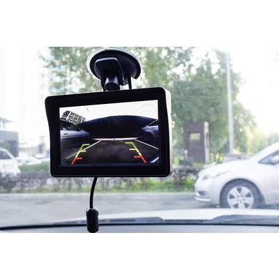Ein Autodisplay zeigt das Bild einer Rückfahrkamera mit farbigen Linien, die den Abstand zu einem Hindernis visualisieren.