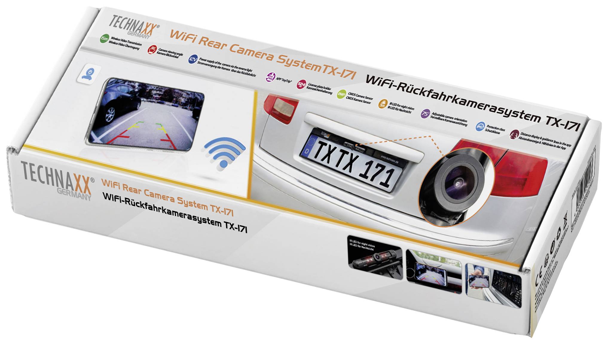 Verpackung eines WiFi-Rückfahrkamerasystems, zeigt Bild und Kamera an einem Auto, inklusive App-Vorschaubild zur Kameraansicht.