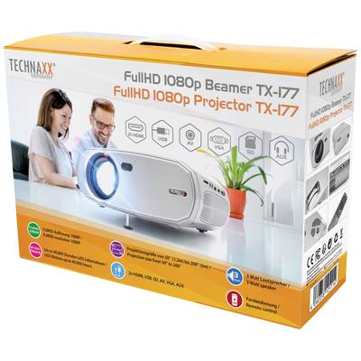 Verpackung eines Technaxx FullHD 1080p Beamers TX-177 zeigt Beamer und lachendes Paar. Funktionen: HDMI, USB, AV, VGA, SD, AUX.