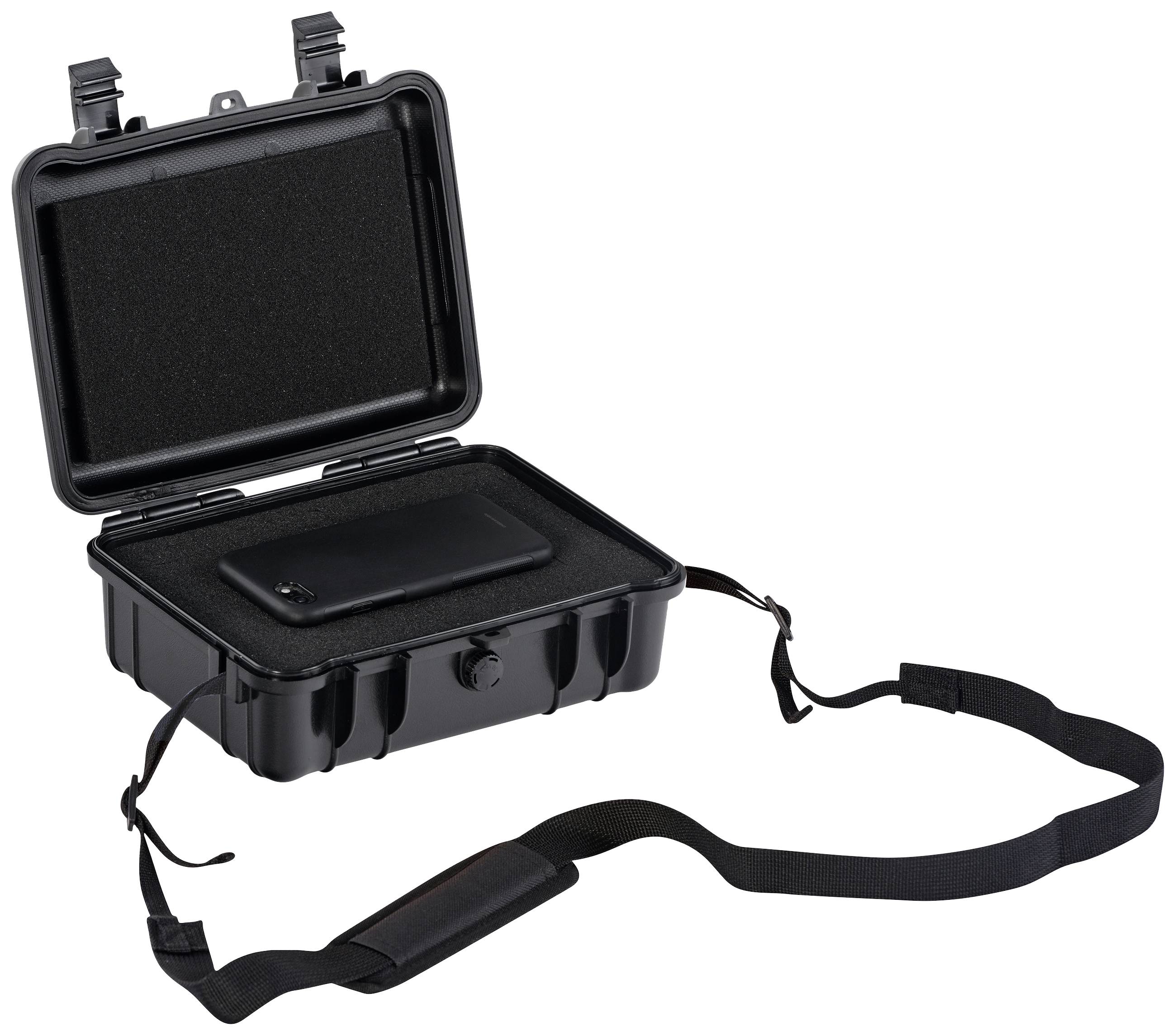 Eine offene schwarze Schutztasche mit Polsterung und einem Trageriemen zeigt innen ein schwarzes Smartphone auf dem Boden der Tasche.