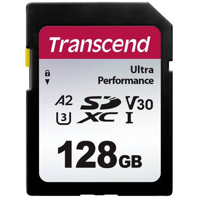 'Transcend 128 GB SD-Karte, Ultra Performance, A2, U3, V30, SDXC, Class 10, mit Schloss-Symbol links oben.'