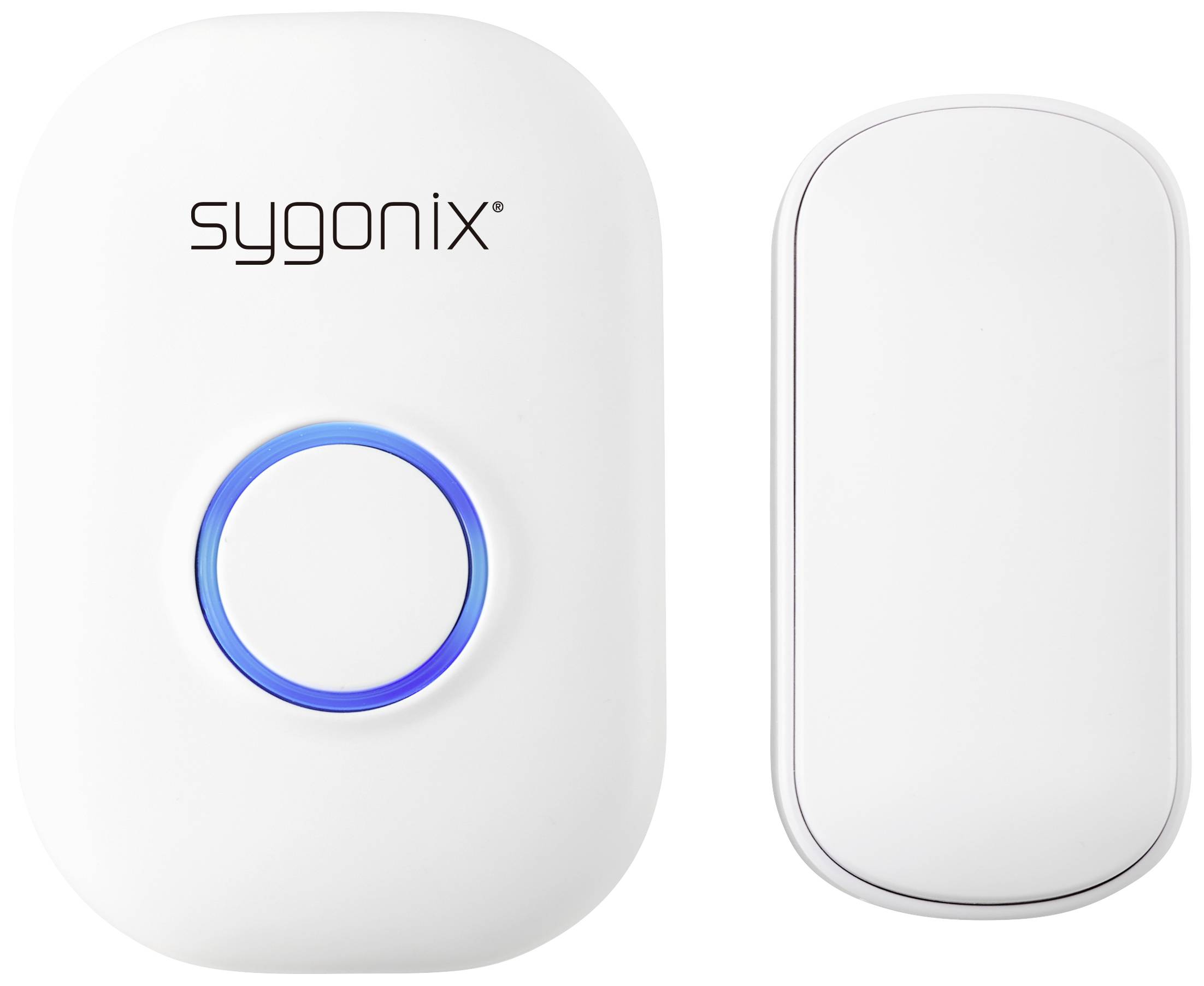 Zwei weiße elektronische Geräte von Sygonix. Das linke Gerät hat einen blauen Kreis, das rechte Gerät ist rechteckig und glatt.
