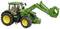Grüner Spielzeugtraktor mit Frontlader und gelben Rädern, seitliche Ansicht, im Maßstab von landwirtschaftlichen Maschinen gestaltet.