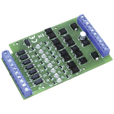 Grüne Leiterplatte mit mehreren schwarzen Chips und blauen Anschlüssen an beiden Seiten. Geeignet für elektronische Anwendungen.