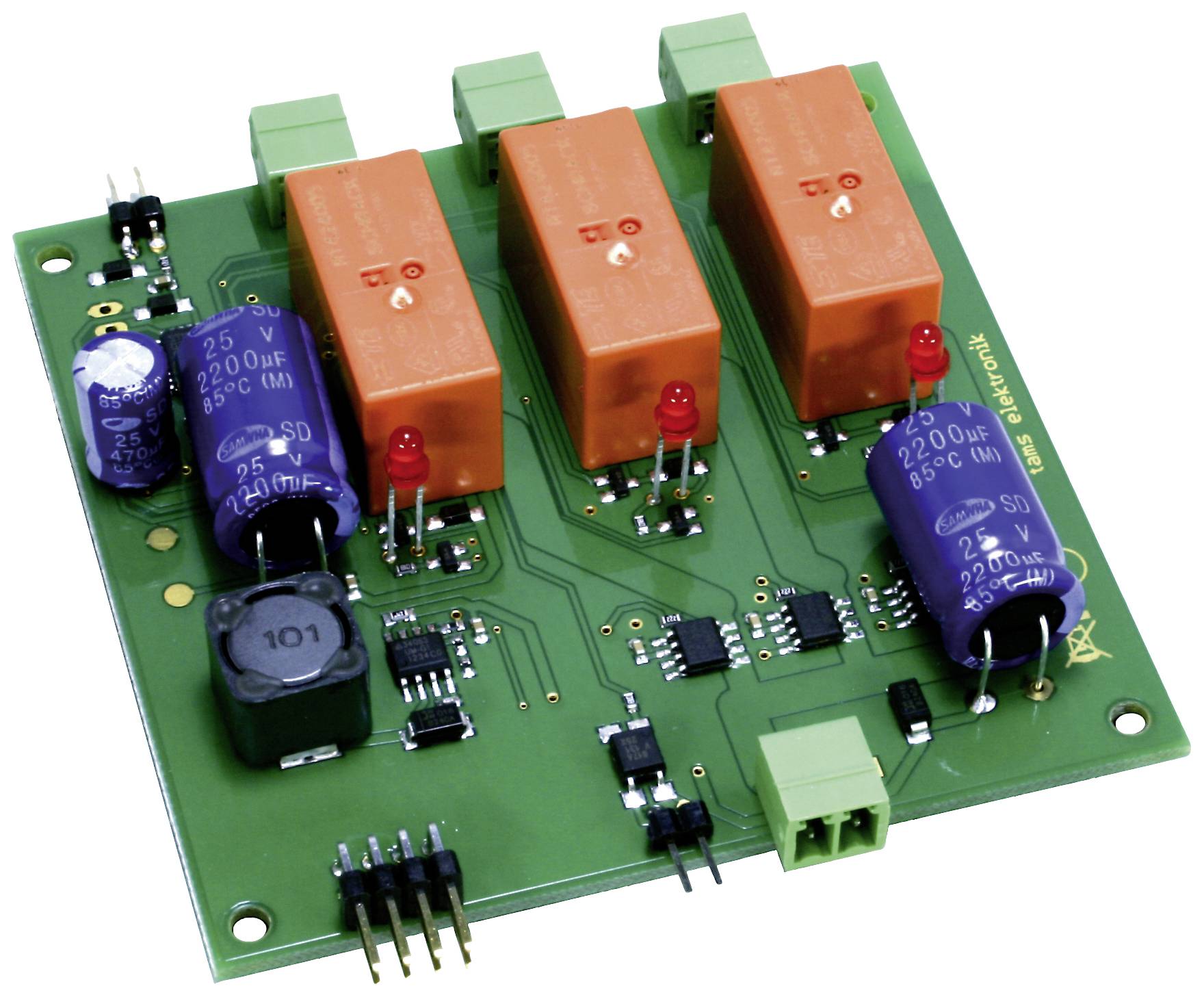 Elektronikplatine mit drei orangefarbenen Relais, blauen Kondensatoren und roten LEDs. Verbindungen und Schaltkreise sichtbar.